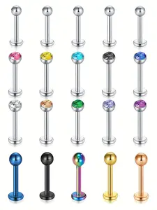 Rhinestone Decorated Lip Studs Piercing Set, 20pcs Stainless Steel Ball Lip Studs Ear Bone Studs Set, Multi-color Ear Studs, Body Piercing Jewelry Flat Ear Studs, High Quality Jewelry
