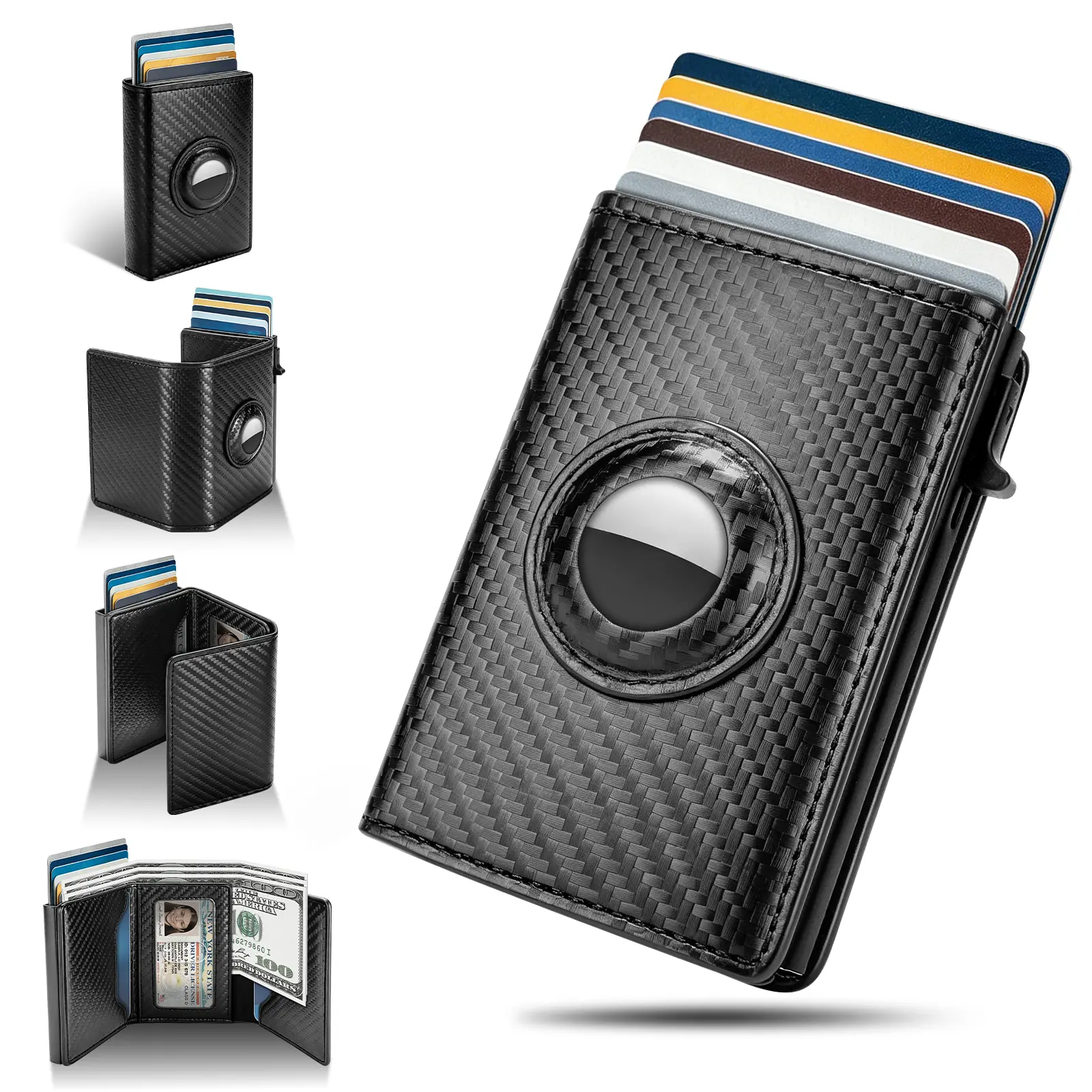 Pop-Up Wallet For Men, Slim Carbon Fiber Leather Minimalist Pop-Up Card Holder, RFID Blocking Protector With AirTag Slot, Multi Card ID Window Daily Carry Purse