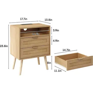 Rattan Nightstands Set of 2 with Charging Station and Led Lights, End Tables with 2 Drawers and Wood Legs, Bedside Tables, Boho Night Stand Set 2 for Bedrooms, Side Tables Living Room (2 Pack)