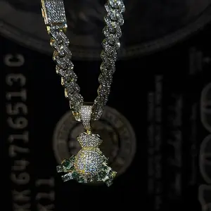 Women's Iced Out Money Bag Pendant Necklace - 14mm Pendant, 22-in Chain, Luxe Cubic Zirconia Stone Settings, Cubic Zirconia Necklaces