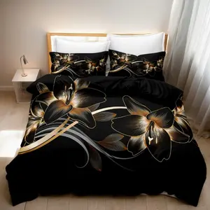 Modern Luxury Gold Floral Bedding Set, 3-Piece Comfortable Duvet Cover and Pillowcases, Ideal for Bedroom and Guest Room