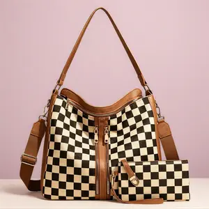 Checkered Plaid Women Large Crossbody Bag Set, Multi-way Shoulder Top Handle Satchel with Mini Purse, Vintage Casual Everyday Travel HandbagFashionable Plaid Shoulder Bag