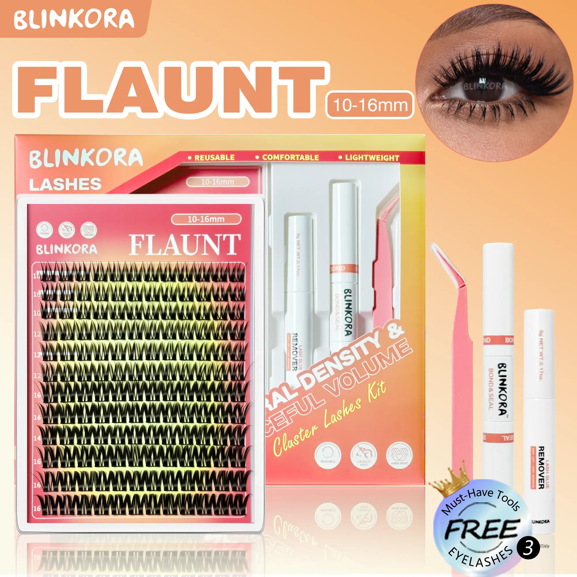 Blinkora Flaunt Lash Cluster Kit, DIY Makeup Cluster Lashes, Natural Volume Super-Soft Waterproof Eyelash Extensions, Long-Lasting, with Free Glue, Remover & Applicator, Eyelashes Extensions, Volume Lashes