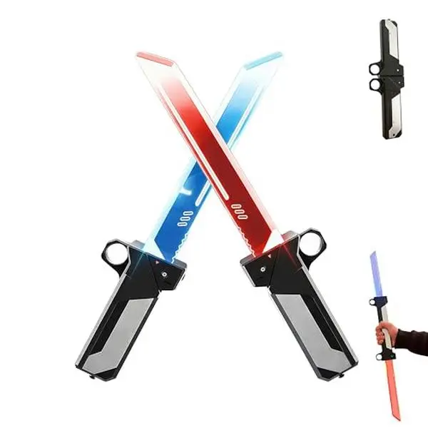 Dual-Blade Light Sword Toy, Reversible Hilt, 2-in-1 Red/Blue Lights, Swing-to-Extend & Plug-in Retract Function, 4.72in to 8.66in Retractable Blade, Swords for Cosplay Props & Collector’s Item