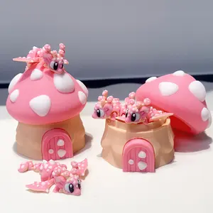 3D Printed Cute Mushroom House + Mushroom Dragon Model Plastic Figurine Desktop Decorative Sculpture Ornament Holiday Gift