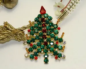 Christmas Tree Brooch Pin Rhinestones Candles Gold Tone Vintage Exquisite Unique, Xmas Holiday Jewelry Gift