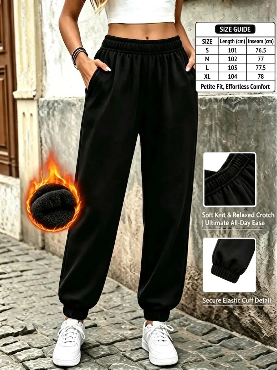 Women’s Fleece Polyester Oversized Sweatpants - Baggy Elastic High-Waisted, Good Stretch, Ribbed Cuffs, Side Pockets, Soft Athleisure Bottoms for Winter Lounge & Gym, Machine Washable Casual Commuter Wear