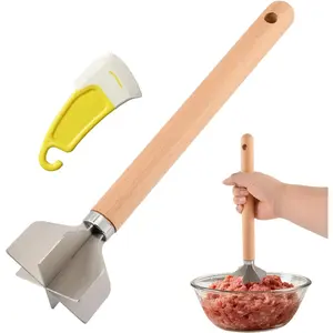 Stainless Steel Meat Chopper, 6 Blade Ground Beef Masher with Beechwood Handle, 11 Inch Heavy Duty Masher Tool with Soft Silicone Scraper, Brushed Finish