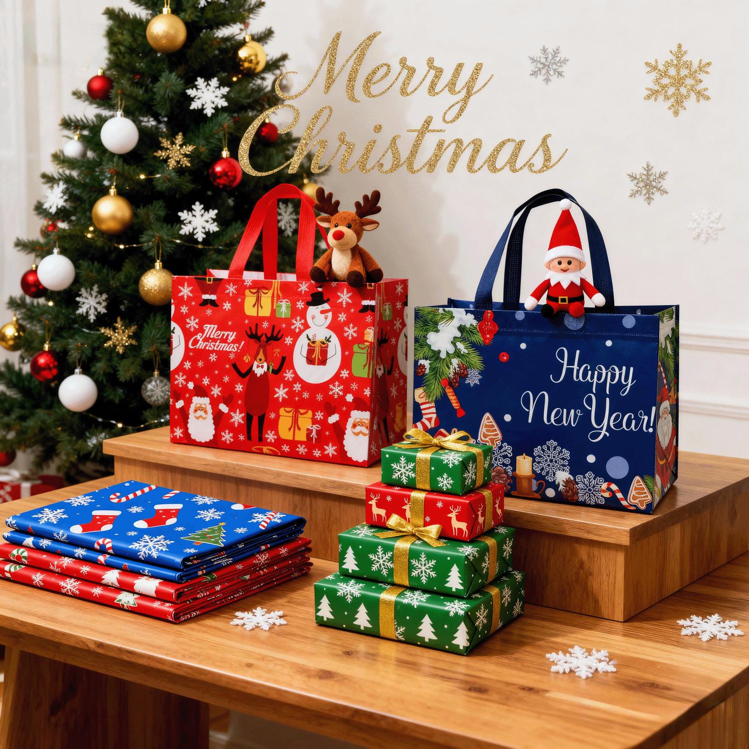 12 Pack Heavy-Duty Christmas Gift Bags with Handles, Reusable Non-Woven Folding Waterproof Tote Bags, Assorted Xmas Patterns for Holiday Gifting, Xmas Party Decor & Everyday Storage