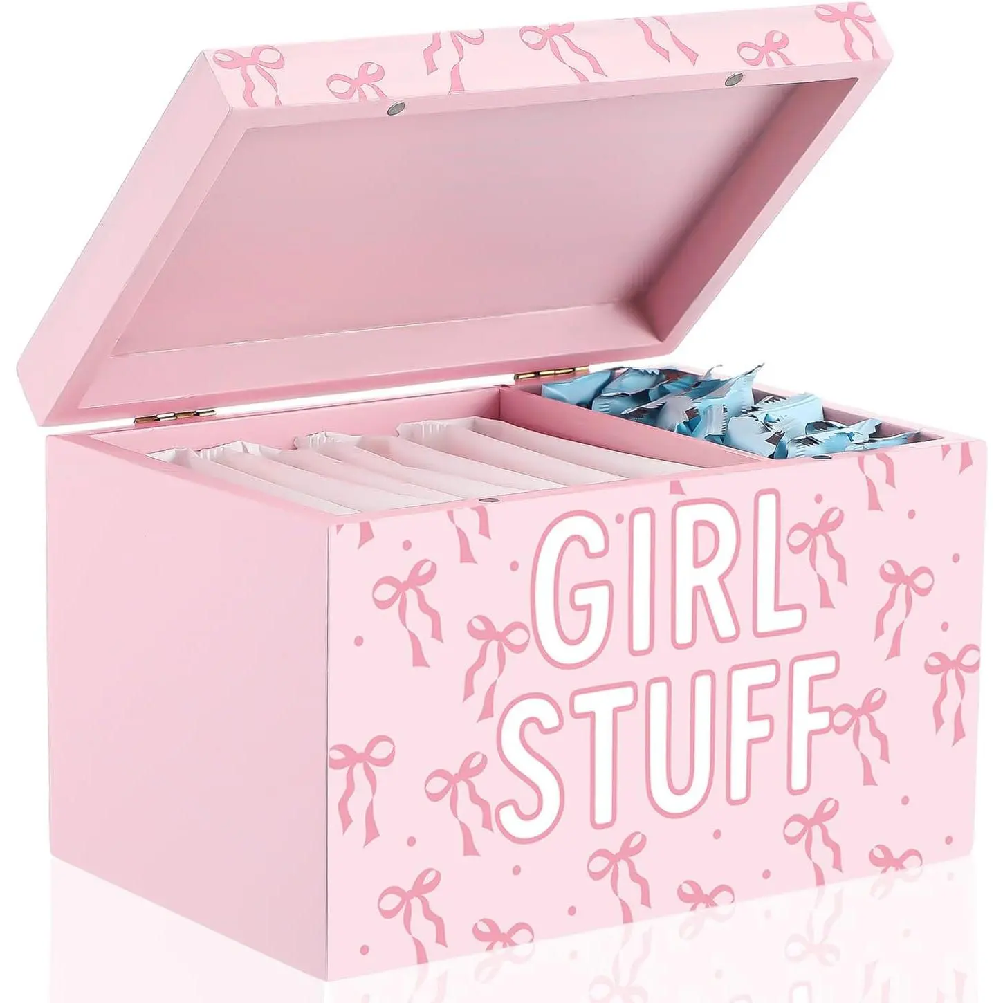 Pink Bow Girl Stuff Box Tampon Holder for Bathroom Feminine Product Organizer Pink Cute Bathroom Decor Accessories Pad Organize Case with Hinged Lid Lady Days Tampon Storage