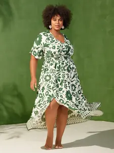 【Summer Turn-Up】【Pocket Approved】 Bloomchic Large Floral Print Pockets Midi Dress Boho Style Short Sleeve V Neck Summer Casual Fit Women's Clothing Truegreen Indigo Bronze - Womenswear Bohemian Shortsleeve Vneck 2026 Summer Pick for Mother's Day