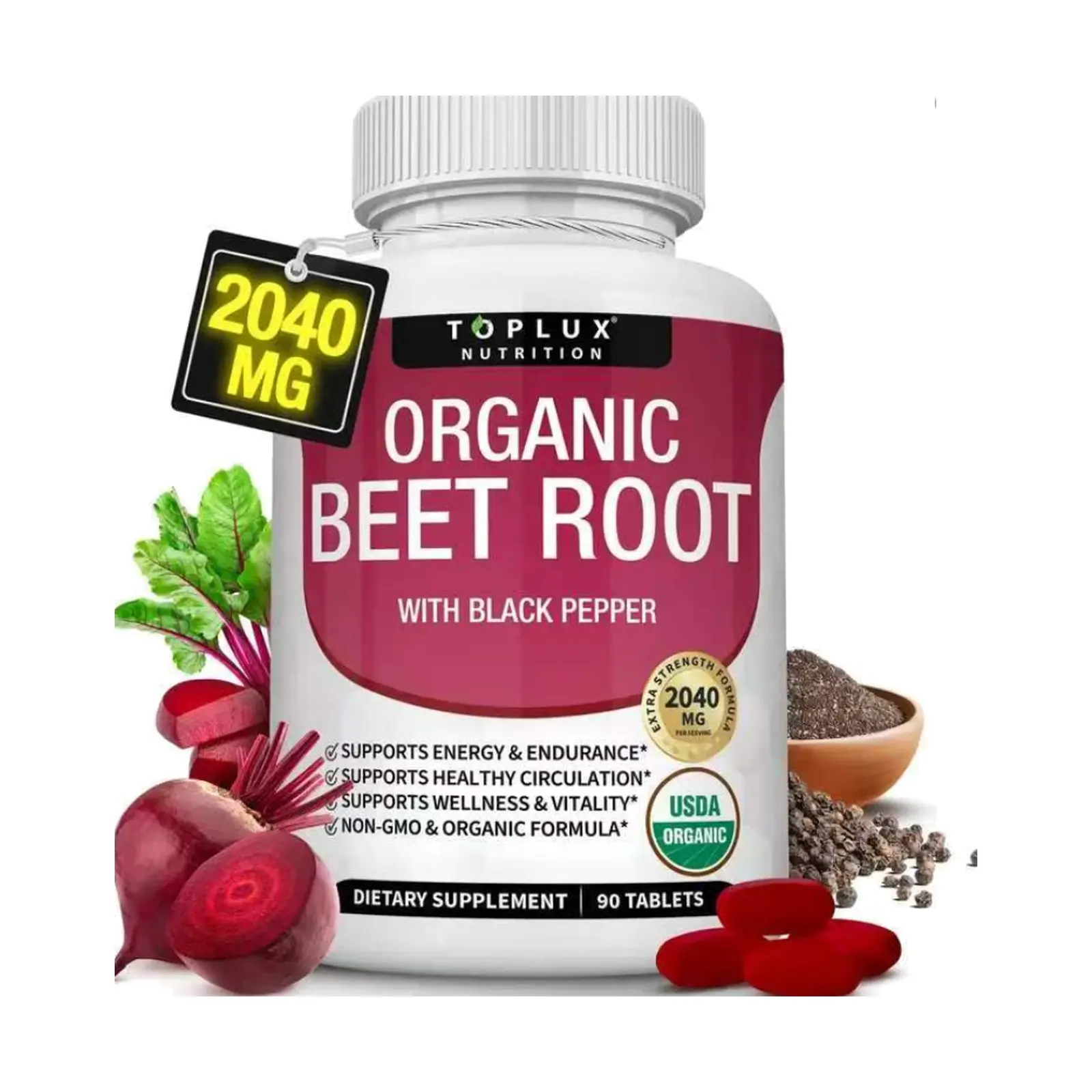 Toplux Organic Beet Root Tablets - Nitric Oxide Booster Beetroot Supplement 2040mg