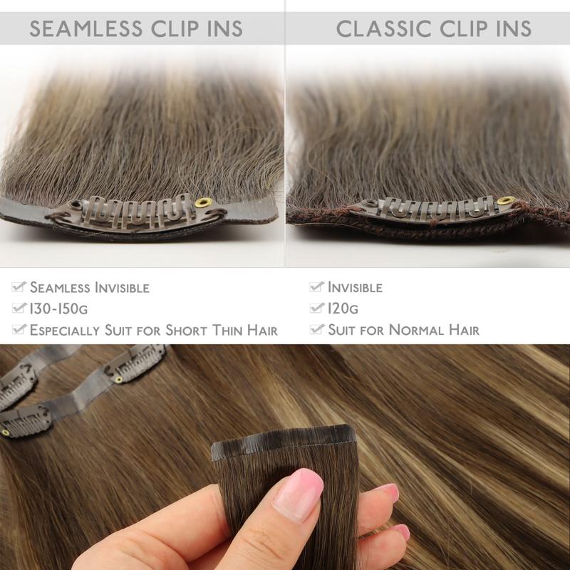 WENNALIFE Seamless Clip In Hair Extensions Human Hair 7pcs 130g to 150g 14in-22in Seamless Narrow Weft Flat Style Clip Ins