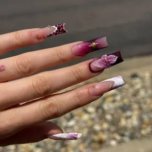 O2 Purple Blossom Press-On Nails, Hand-Painted Floral Art and Ombre Tips, Deep Plum and Nude Pink Tones, Gold Star Charm Accents, Elegant Feminine Style, Solana Nails Town