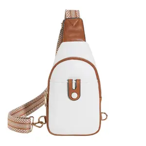 Vintage Multi-pocket PU Leather Chest Bag Women's Leisure Sports Crossbody Shoulder Bag Adjustable Wide Strap Zip Closure Polyester Lining Stylish Sling Bag for Everyday Use - Casual