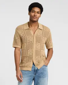 Express Textured Crochet Cotton Short Sleeve Sweater Polo