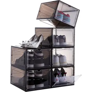 Attelite Drop Front Shoe Box,Set of 6,Stackable Plastic Shoe Box with Clear Door,As Shoe Storage Box and Clear Shoe Box,For Display Sneakers,Easy Assembly,Fit up to US Size 12,Black
