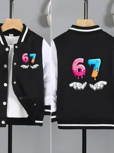 67 Gesture Ice Cream Print Boys' And Girls' Spring/Autumn New Style Cool Baseball Jacket Sweater Coat, Fashionable, Casual, Comfortable, Daily Outdoor Versatile Top, Ideal Gift Choice