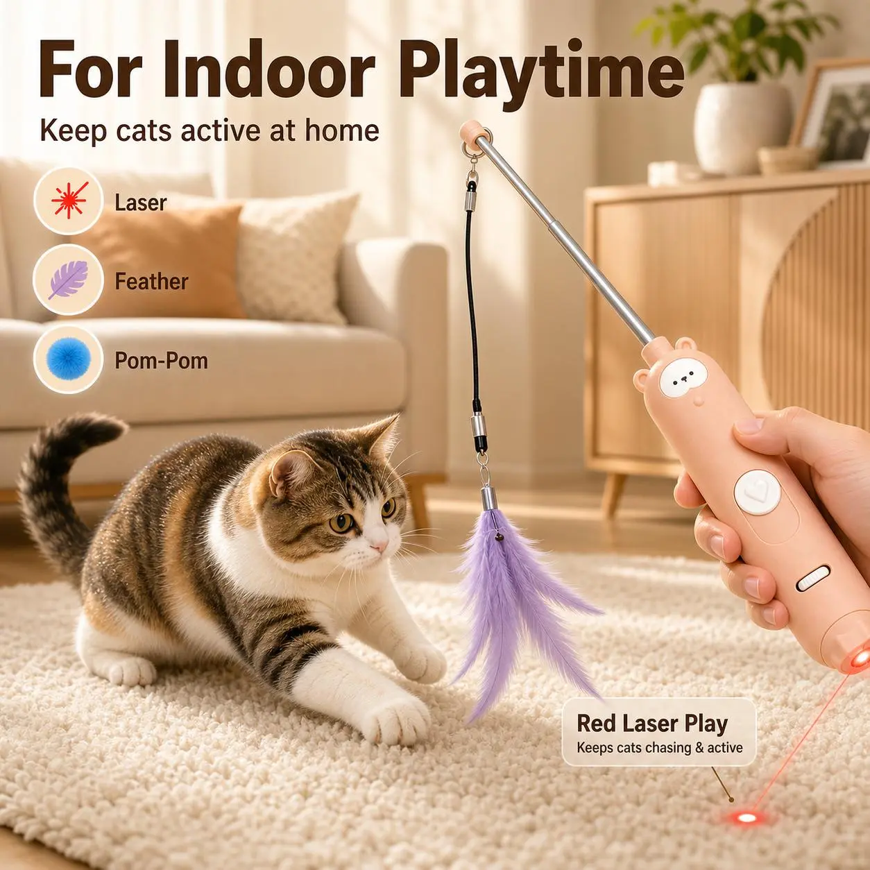 2-in-1 Cute Bear Cat Toy Wand - USB Rechargeable Laser Pointer, Extendable Feather Teaser, UV Light, Bell, Pom Pom for Indoor Cat Exercise
