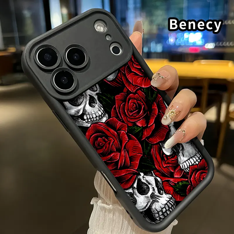 Skull and Roses Pattern TPU Phone Case for iPhone 17 Pro Max 16 15 14 Plus 13 12 Mini 11 XR X XS Air E Shockproof Non Slip Military-Grade Protection Silicone Cover Smartphone Casing