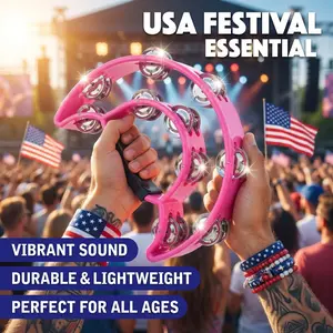Handheld Half Moon Tambourine｜Double Row Metal Jingles｜Ergonomic Grip｜Multicolor Pink