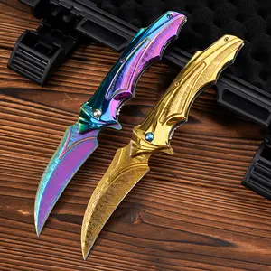 Men’s tactical EDC folding knife — multifunctional outdoor pocket/utility knife with a colorful blade and back clip for easy carry; suitable for wilderness survival, emergencies, camping, hiking, DIY projects, and fishing.