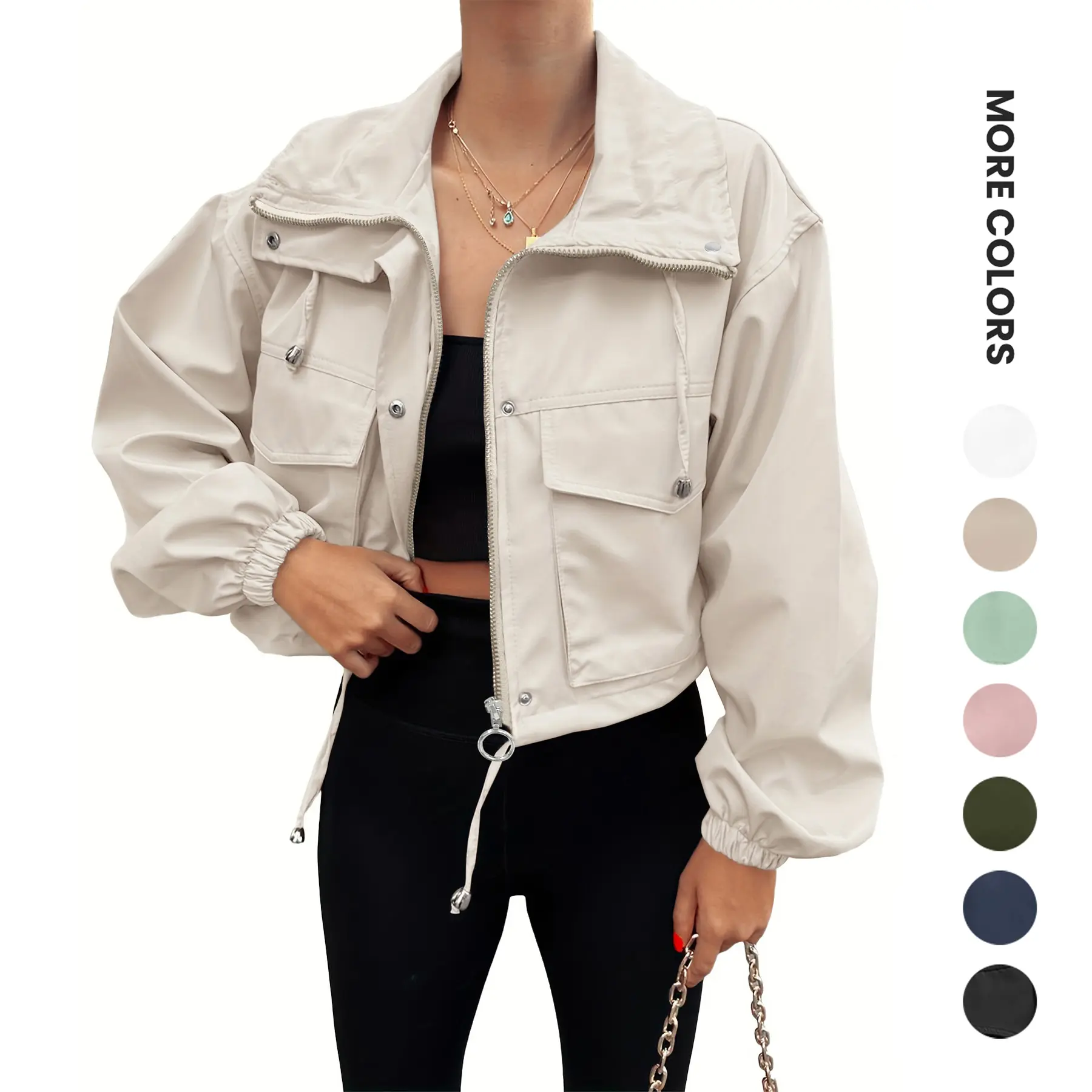 ASWULK Women's Cropped Utility Coat - Oversized Lightweight Zip Up with Snap Buttons and Pockets Adjustable Drawstring Spring Fall Woven