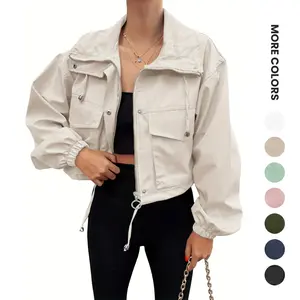 ASWULK Women's Cropped Utility Coat - Oversized Lightweight Zip Up with Snap Buttons and Pockets Adjustable Drawstring Spring Fall Woven