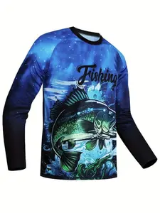 Men's 3D Fish Print Fitted Long Sleeve T-Shirt, Casual Round Neck Top, Ocean Pattern, Blue Color, Perfect for Outdoor Fishing Hiking