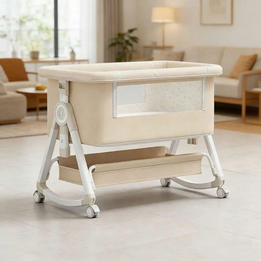 5-in-1 Convertible Bedside Bassinet & Rocking Sleeper for Newborns, Polyester Baby Cradle with Adjustable Height, Breathable Mesh & Diaper Storage Basket, Diapers