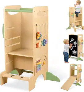 Toddler Tower Kitchen Step Stool 3 Adjustable Heights for Counter Chalkboard Montessori Learning Activities Fine Motor Skills Cognitive Development