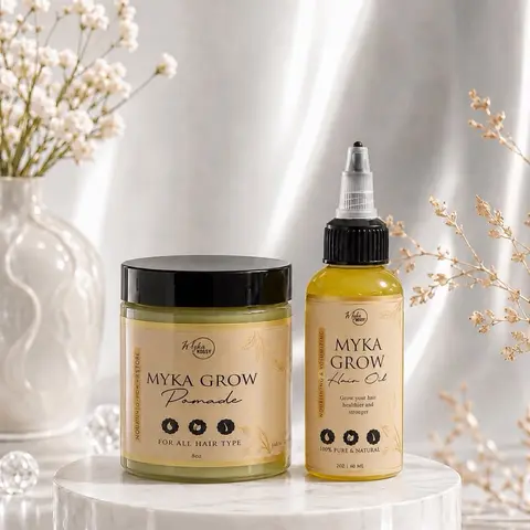 Myka Grow Unisex Daily Moisturizing Hair Care Bundle - Coconut Oil Blend, 2 oz Grow Support Oil Treatment, 8 oz Styling Pomade for Natural Hair Care Daily Routine, Pomegranate-Infused