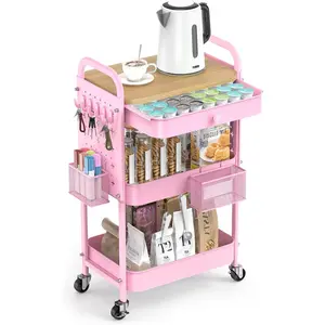 Rolling Cart with Drawer and  Table Top, 3 Tier Metal Rolling Utility Cart  Wheels with DIY Pegboards,  Baskets,Hooks for Kitchen, Bedroom, Office, Craft Supplies