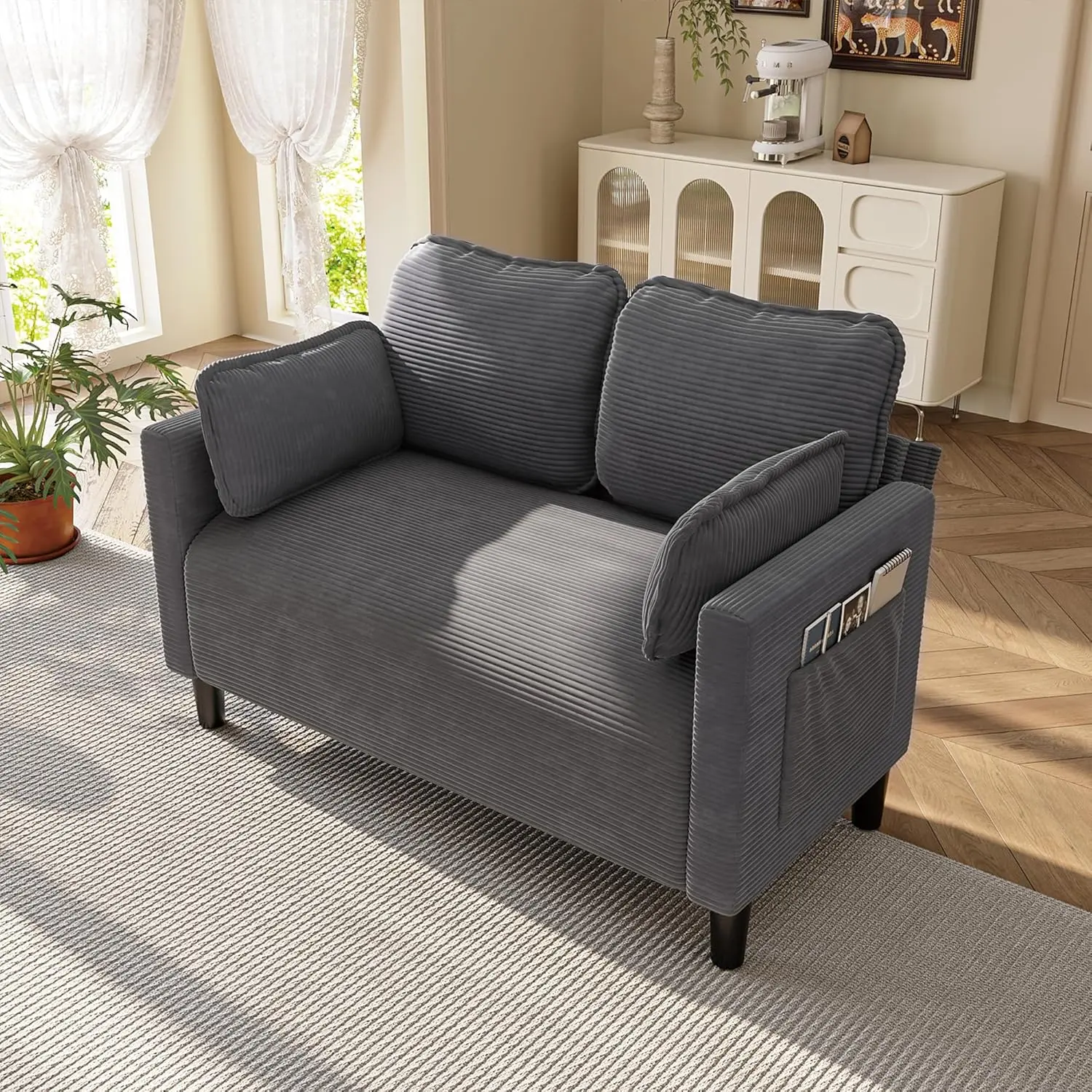48" Vintage Corduroy Elegance Refined Deep Seat Sofa, Minimalist Style Sofa with Side Storage Pocket, Fashionable Comfort Straight-Row Couch for Home and Office use, Grey