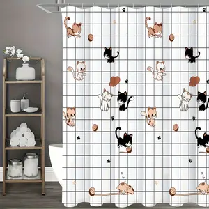 1pc Waterproof Cute Cat Pattern Shower Curtain - Easy Install with Hooks, Durable & Decorative for Any Bathroom window mesh removable weight room decor non-slip bathroom curtain parabaño cortina gadget bath home dormitory window bathroom top Layer Set