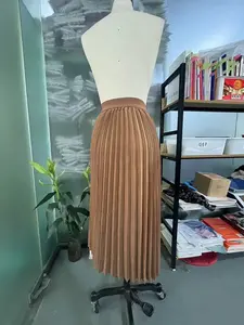 Casual Coffee Color Pleated Midi Skirt, Asymmetrical Slash Half Skirt, Fitted Solid Pattern, Long Skirt for Everyday Wear