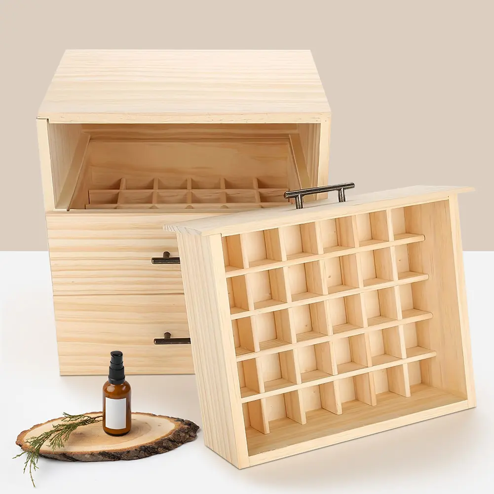 Natural Light Pine Wood Essential Oil Storage Box - 3-Layer, 90-Slot Compartmentalized Aromatherapy Organizer with Drawers, Unpainted, Secure Closure, Home Supply for Display & Space Saving, 3*3Cm, 90 Slots