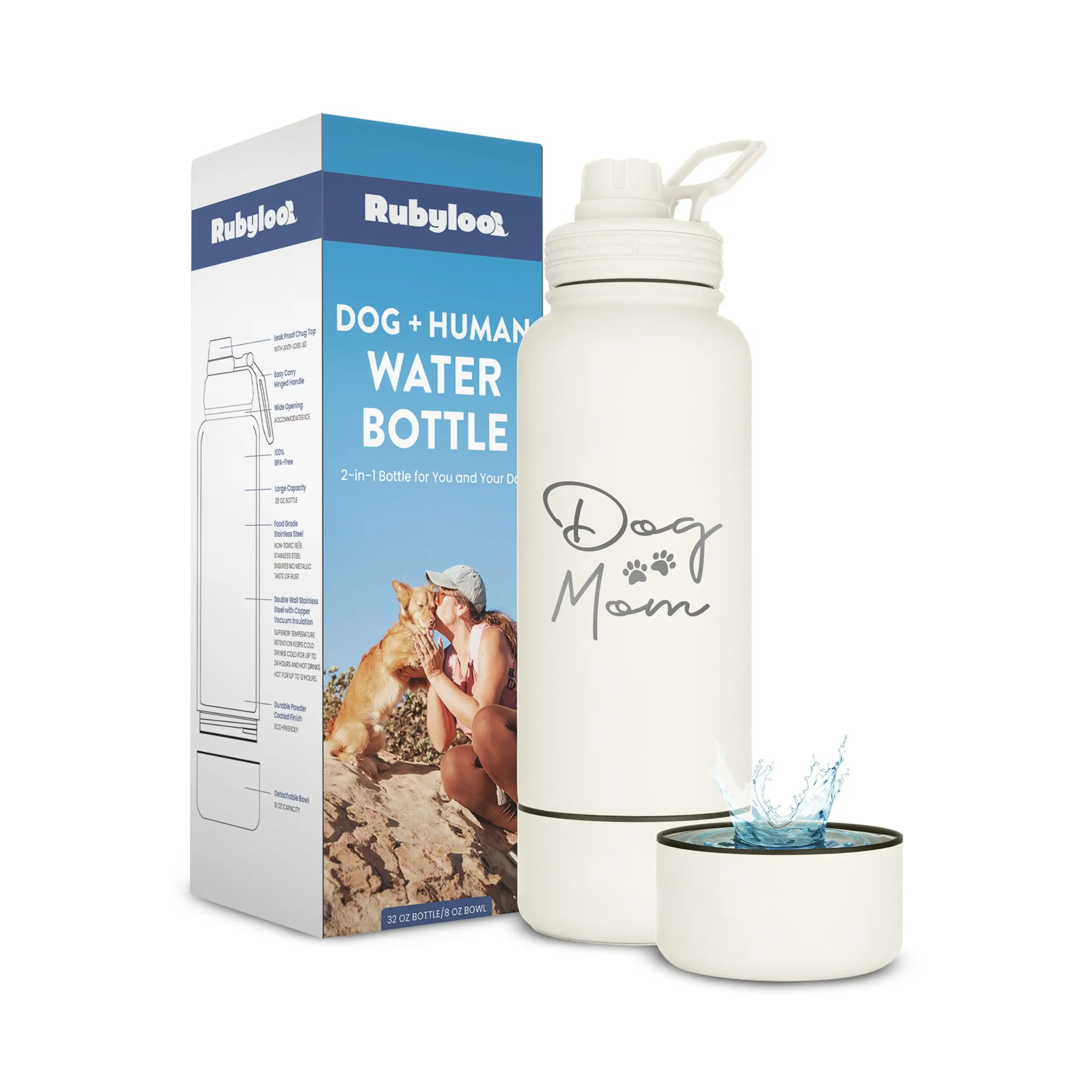 Dog Water Bottle for Dog Lovers - 32 oz Stainless Steel Double Wall Insulated Water Bottle with 8 oz Detachable Dog Bowl - Ideal Gift for Dog Lovers