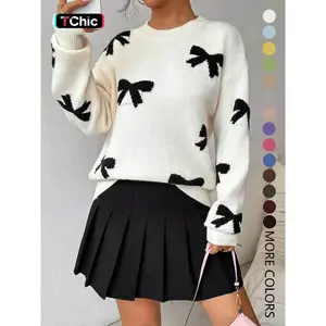 Fashion Style Bow Print Casual Basic Loose Knitted Sweater Pullover Autumn/Winter Women Pullovers New O-Neck Full Sleeve Knit Sweater, Knitwear, Womenswear