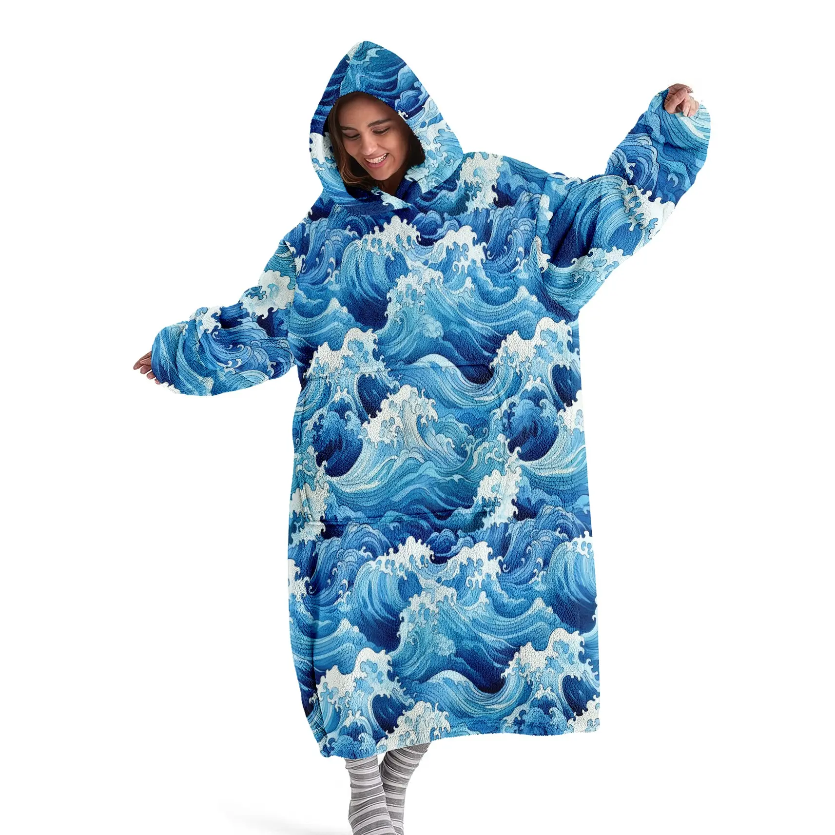 hoodie blanket，Wearable Blanket，Hooded Blanket Wearable Throw, Long Surf Wave Pattern, Adult Hoodie Blanket, Warm Comfortable Robe with Big Pocket, Gift for Girlfriend Mom Women，Christmas Gift,Valentine's Day gift