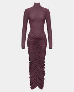 Heiress The Ruched Maxi Dress - Elegant Long Sleeve Autumn Plain Dress with V-Shaped Waist Detailing & Signature Stretch Fabric