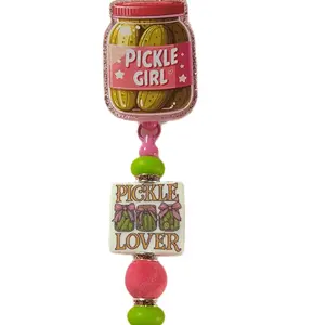 Pickle Lover Badge Reel - Pink and Green Beaded Pickle Girl Design with "Pickle Lover" Tag