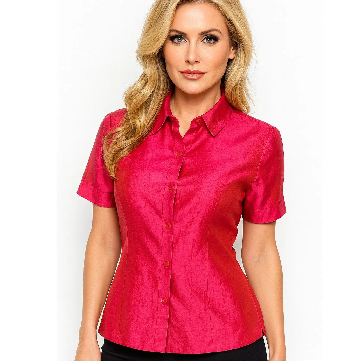 Ann Taylor Blouse Womens size 6 Pink Iridescent 100% Silk Short Sleeve Button Front Shirt