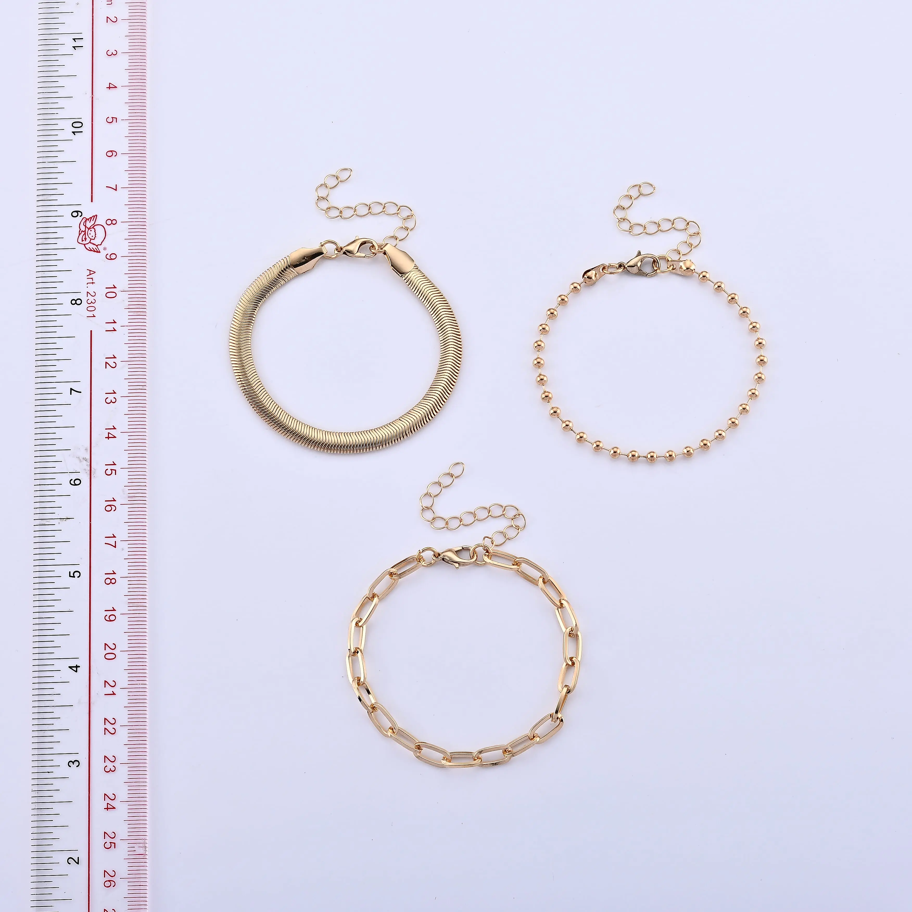 TLV Set of 3 - Snake, Paperclip and Ball Bead Chain Bracelet in Goldtone (7.00-9.00In)