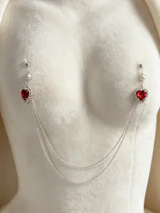 Red Heart Crystal & Pearl Multi-Layer Body Chain - Non-Piercing Silver Clip-On Chest Chain with Sparkling Red Heart Charm and Pearl Detail, Adjustable Layered Body Jewelry for Women, No Piercing Required Statement Accessory for Valentine's Day, Parties