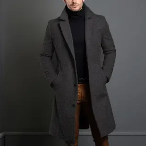 Men's Woolen Mid-length Trench Coat British Style Dark Gray Khaki Black Navy Blue Polyester Fiber Straight Hem Pocket Embedded Lines