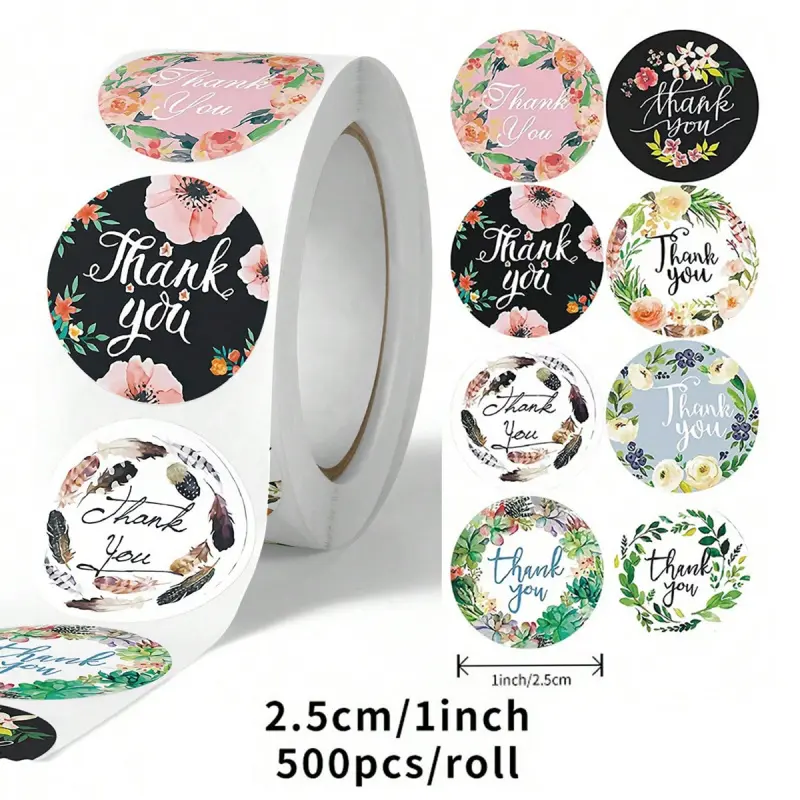 500 stickers/roll, round stickers, decorative stickers, fresh floral roll decoration, thank you sealing stickers, self-adhesive thank you labels, Sticky Labels
