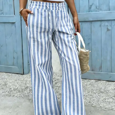 Striped Wide Leg Pants, Romantic Style, Breathable Summer Wear, High Waist, Loose Fit, Baggy, Perfect for Breakfast or Errands, Bohemian Fashion, Bottom, Casual Loose Pants