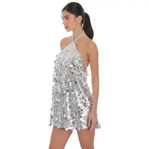 Circle Sequin Halter Shift Dress in Silver