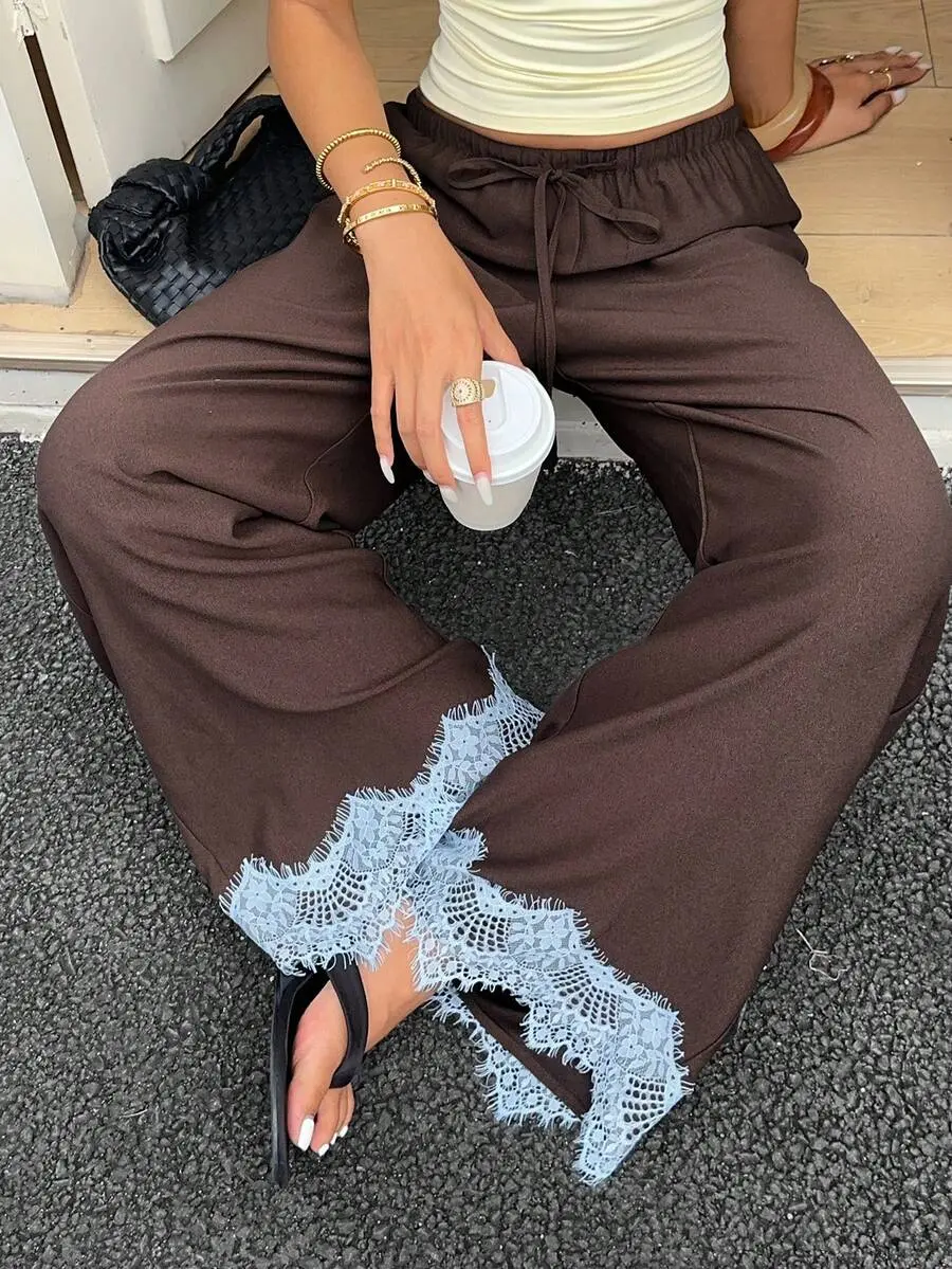GRL Women's Spring/Summer New Color Satin Long Pants Low Waist Wide Leg Pants Brown Long Pants Lace Patchwork Clothing Women's Vacation Wear Coquette Style Clothing